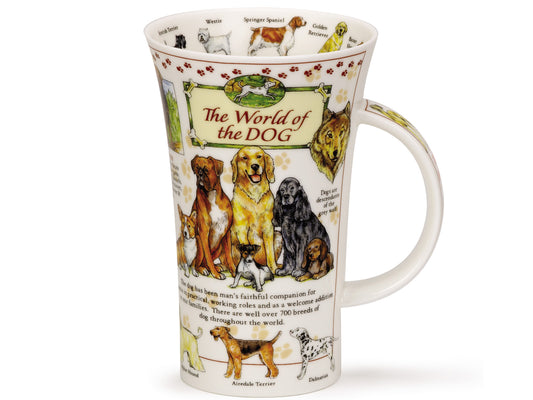 Dunoon Glencoe World of the Dog Mug is a large fine bone china mug with various breeds of dog printed all around its exterior, accompanied by the different groups of dogs and a small piece of information about each. There are small pictures of different breeds of dogs printed around the inner rim of the mug, and the base colour of the mug is white.