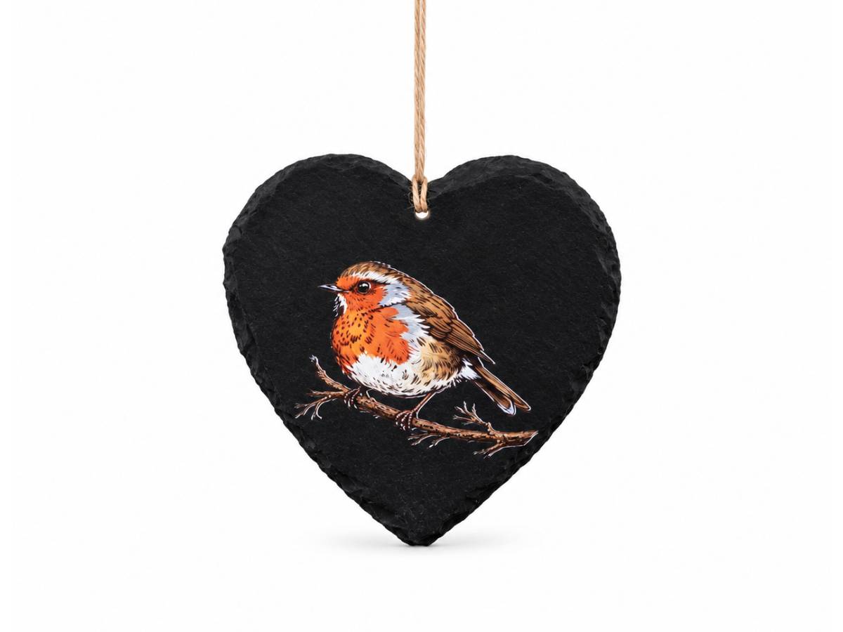 Selbrae House Robin Small Slate Heart Decoration