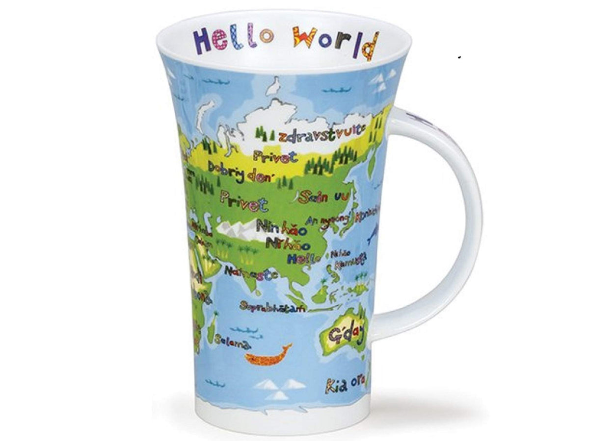 Dunoon Glencoe Hello World fine bone china mug with a colourful world map, greetings in different languages and Hello World text inside the rim.