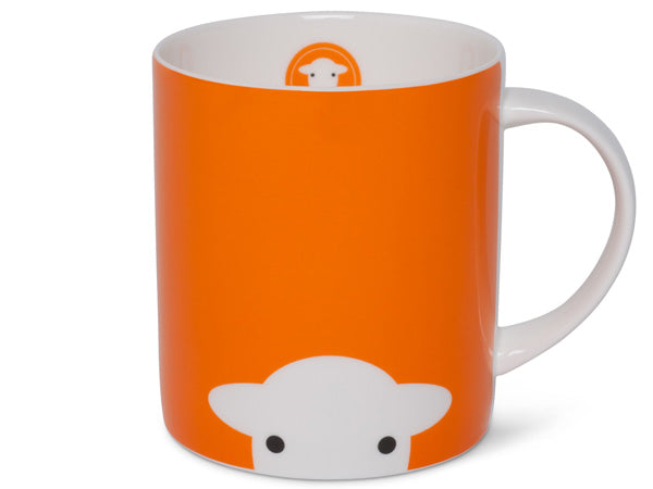 Orange fine bone china mug featuring a white silhouette cutout of a Herdwick sheep face peeking out at the bottom of the cup, repeated on both front and back. The white handle provides contrast against the orange background.
