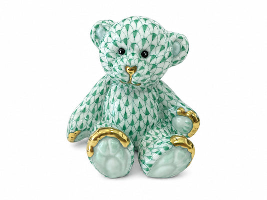 Herend Teddy Bear figurine in green fishnet porcelain with hand-painted 24k gold accents.