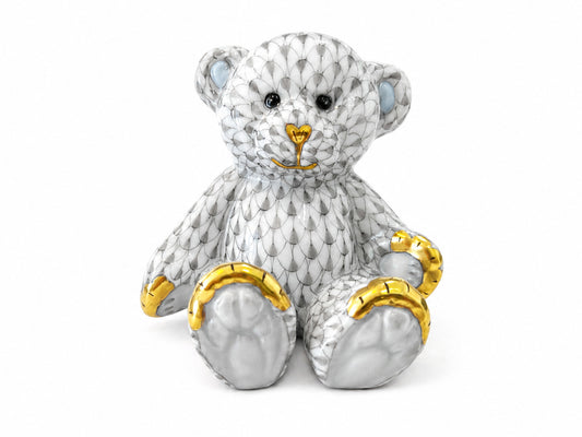 Herend Teddy Bear figurine in grey fishnet porcelain with hand-painted 24k gold accents.