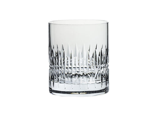 A large crystal whisky tumbler with vertical dashes cut around the base of the glass