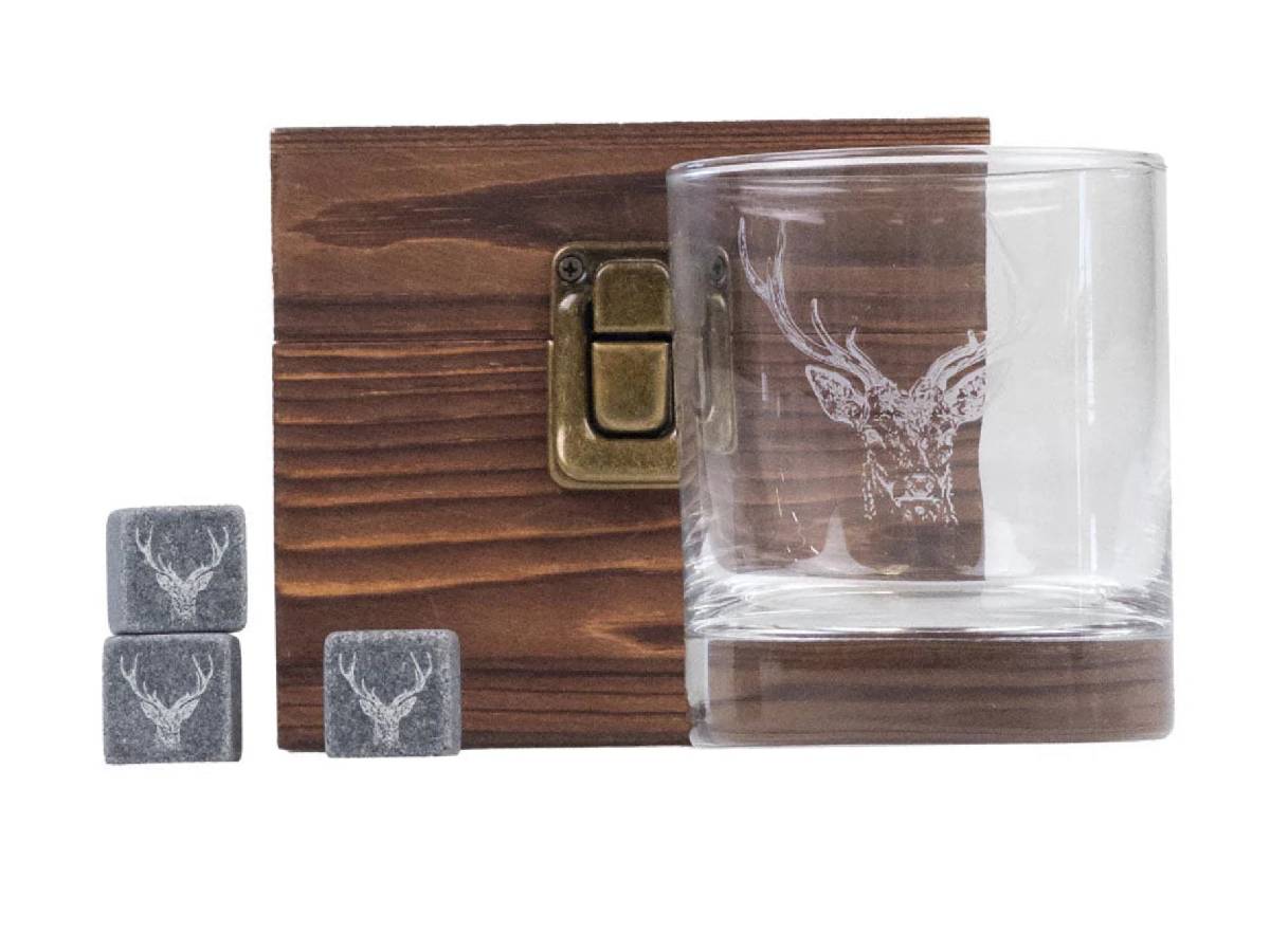 Selbrae House Stag Whisky Glass & Stones Gift Set