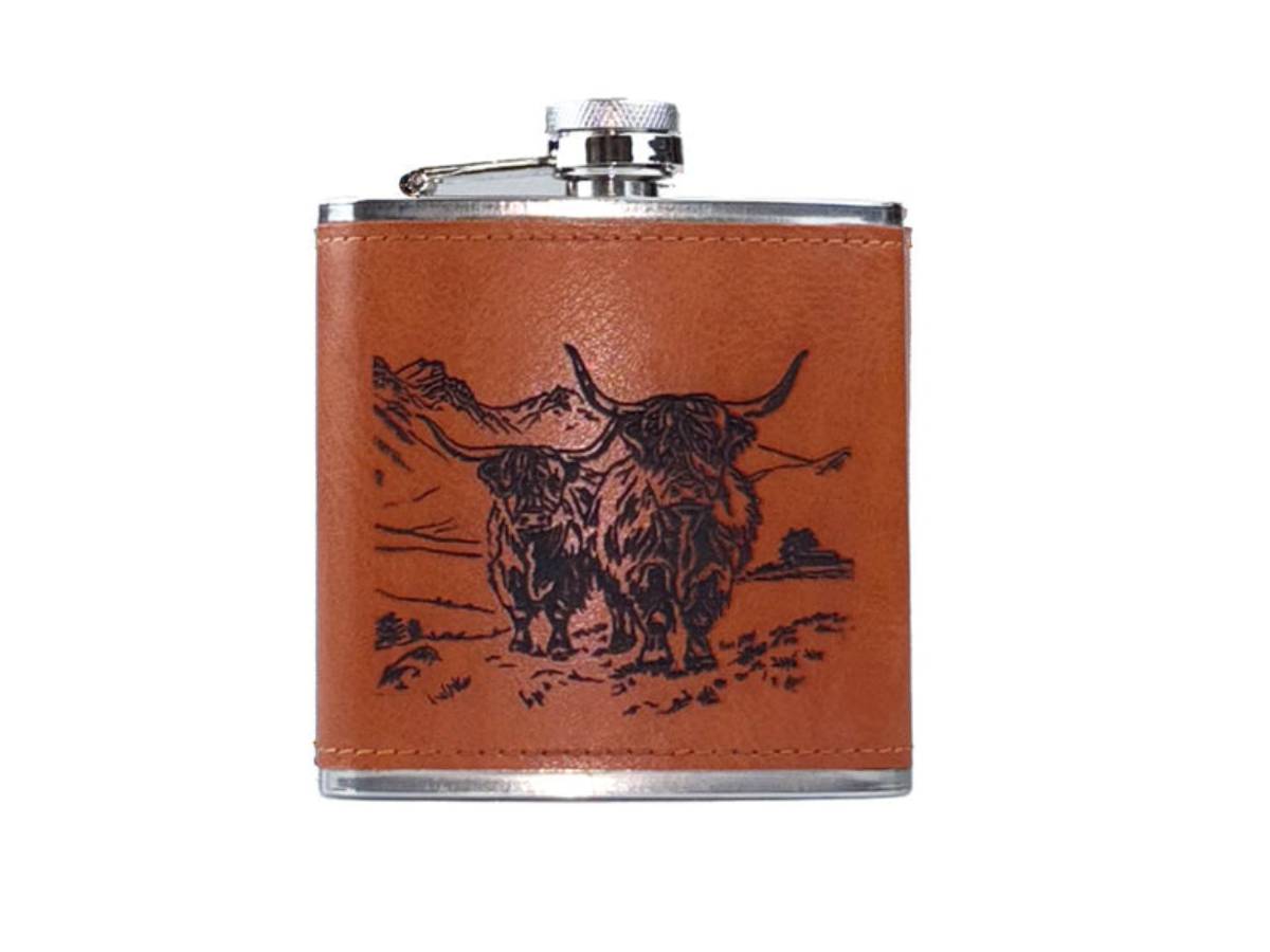 Selbrae House Scenic Highland Cow Leather Hip Flask