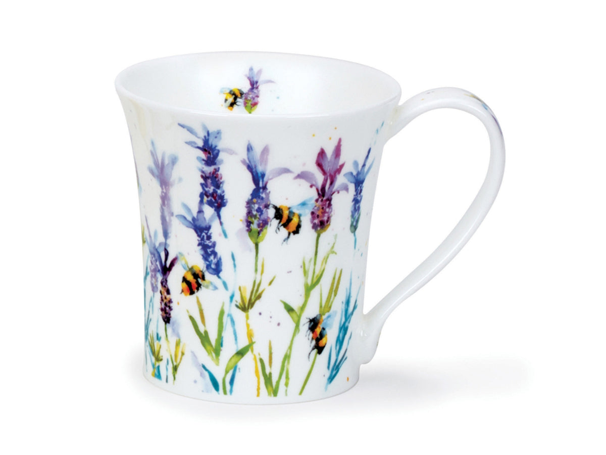 This Dunnon Jura Busy Bees Lavender Mug is made of fine bone china and has a watercolor print of hand-designed lavender all around its exterior, along with bumblebees flying amongst the purple flowers. There is a lavender stem printed down the handle of the mug, and two lavender and bee prints on the inner rim of the mug.