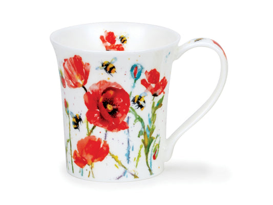 This Dunoon Jura Busy Bees Poppy Mug is made of fine bone china, and has been printed with a brushstroke design of vibrant red poppies as well as bumblebees flying amongst the floral setting. A poppy is printed down the handle, and two poppies with a bee resting on them can be found in the inner rim of the mug.