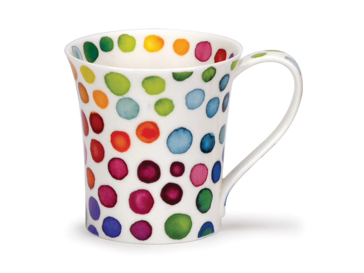 This Dunoon Jura Hot Spots Mug is made of a fine bone china and is smaller in size/ The mug has been decorated with a bright multicolour ink blotch pattern all around its exterior and around the inner rim of the mug, as well as down its handle. The spots are against a white background.