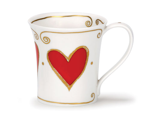Dunoon Jura Juliet Mug is a white fine bone china mug with red hearts and gold embellishments