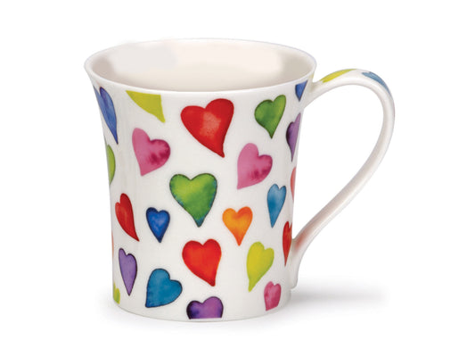 Dunoon Jura Warm Hearts Mug is a small fine bone china mug printed with a colourful heart pattern all around its exterior, as well as down its handle and all around the inner rim of the mug.