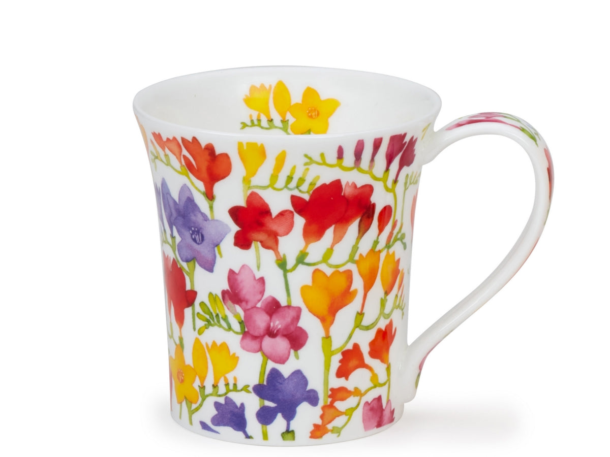 Dunoon Jura Floral Fiesta Freesia fine bone china mug with multicoloured watercolour freesia flowers on white.