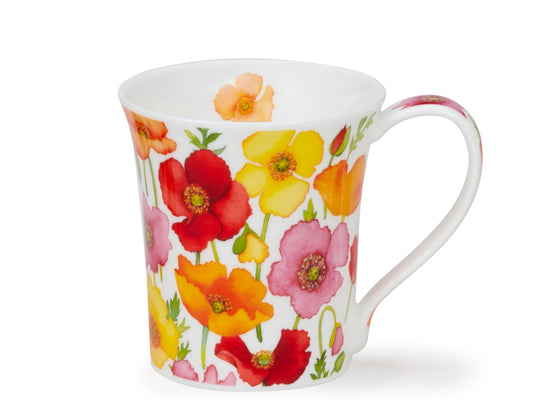 Dunoon Jura Floral Fiesta Poppy mug with colourful watercolour poppies in pink, red, yellow and orange on fine bone china.