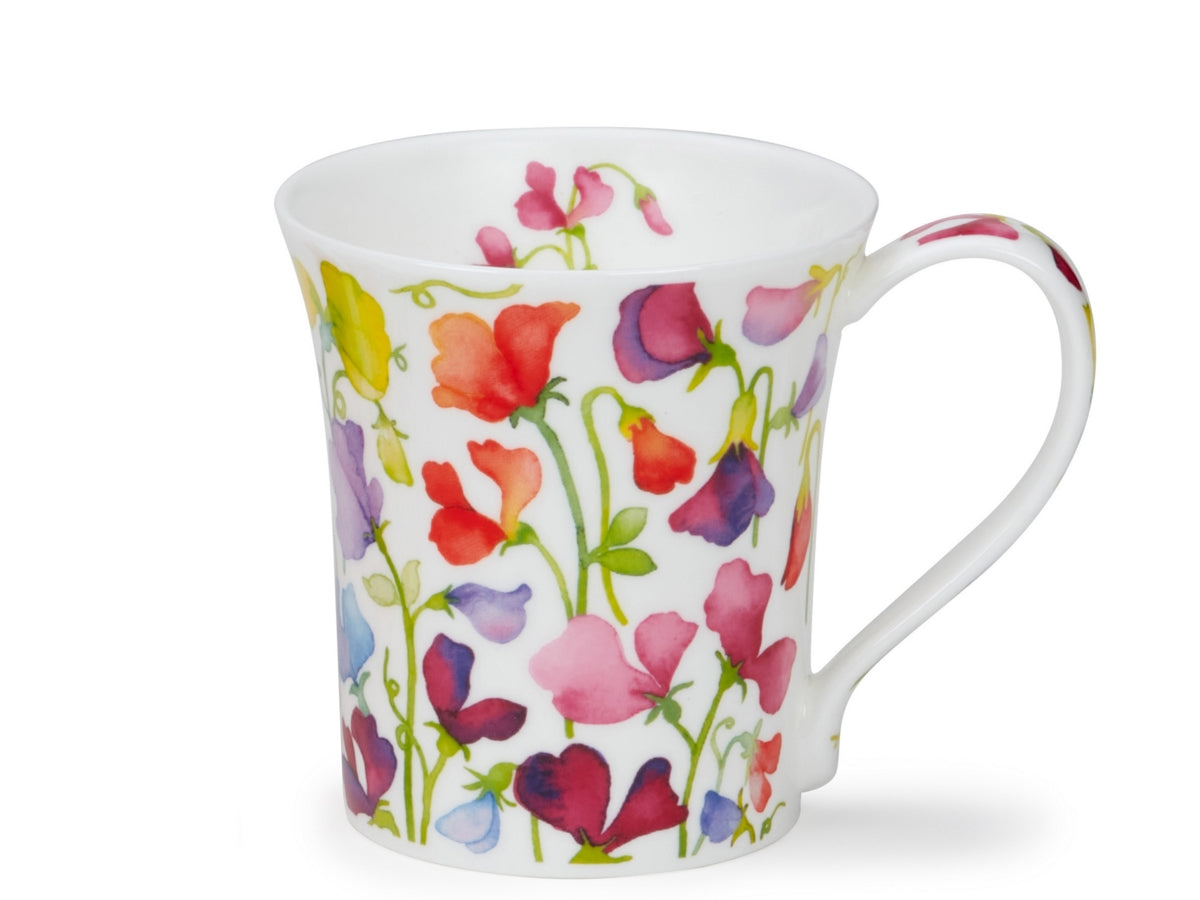 Dunoon Jura Floral Fiesta Sweet Pea mug with watercolour sweet pea flowers in pink, red, purple and green on fine bone china.