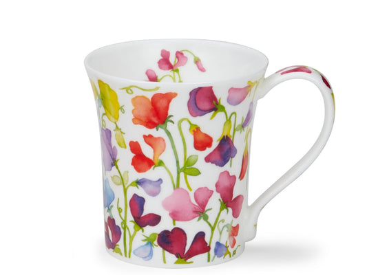Dunoon Jura Floral Fiesta Sweet Pea mug with watercolour sweet pea flowers in pink, red, purple and green on fine bone china.