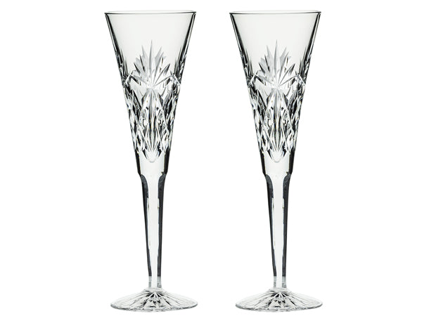 Pair of tall royal scot crystal cut champagne flutes called kintrye cut