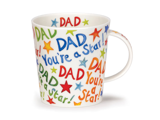 Dunoon Lomond Dad You're A Star Mug is a fine bone china mug printed with the phrase 'Dad, You're A Star' all around its exterior and along its inner rim in a multi-coloured pattern, as well as depictions of little stars all scattered about the mug.