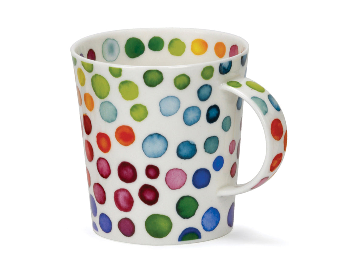 Dunoon Lomond Hotspots Mug is a fine bone china mug that is printed with multi-coloured blotches all around its exterior, as well as around the inner rim of the mug and along its handle.