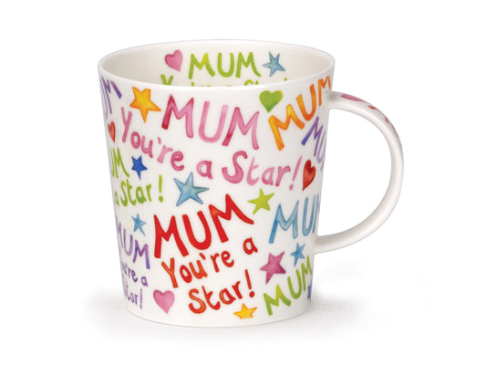 Dunoon Lomond Mum You're A Star Mug is a fine bone china mug that has the titular phrase printed in multiple colours and sizes across its exterior, as well as being surrounded by multi-coloured stars all scattered about.