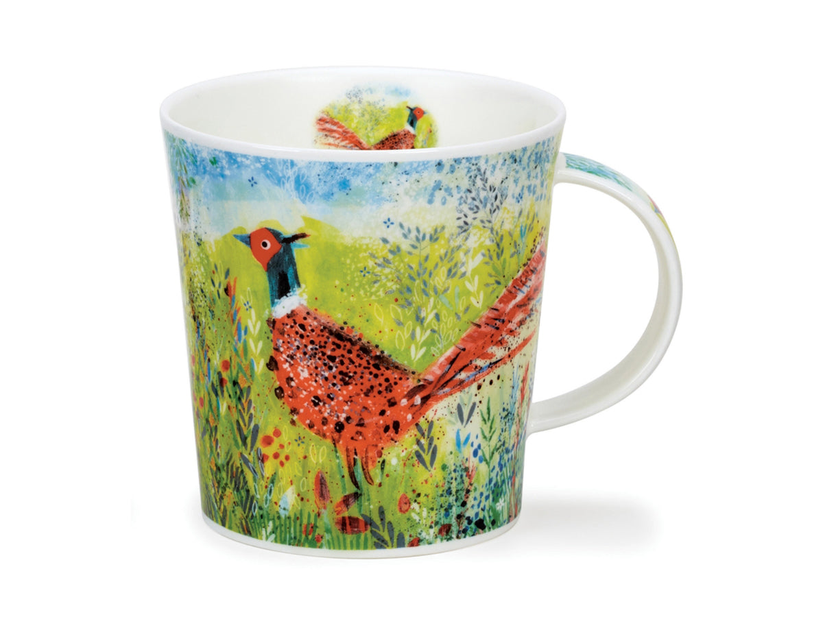 Dunoon Lomond Mystic Wood Pheasant Mug is a fine bone china mug printed with a vibrant design of a pheasant on a pale green backdrop dotted with colourful flowers.