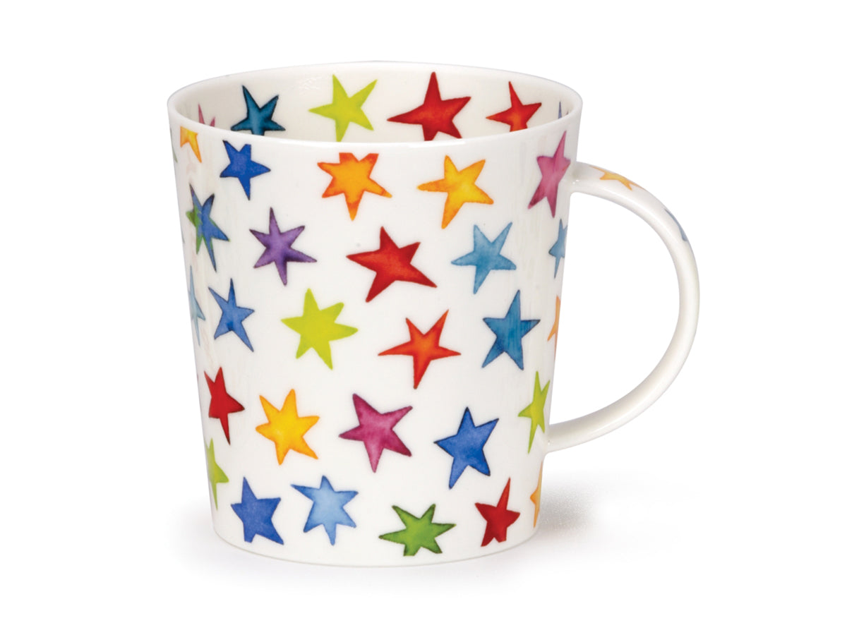 Dunoon Lomond Starburst Mug is a fine bone china mug that is printed with a multi-coloured star pattern all around its exterior, as well as around the inner rim of the mug and down its handle.