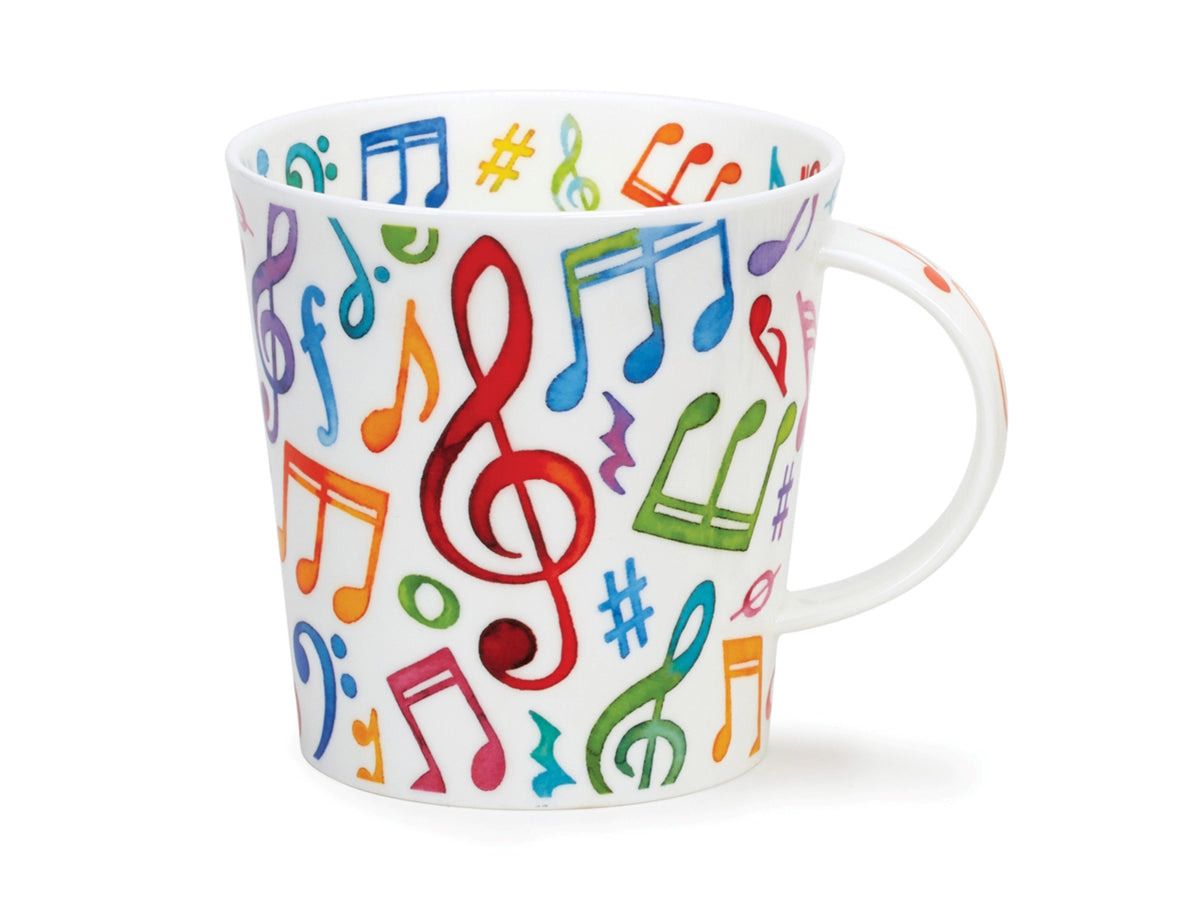 Dunoon Lomond Upbeat Mug is a fine bone china mug that is printed with all different musical notes around its exterior and its inner rim, in a multi-coloured and multi-sized pattern.