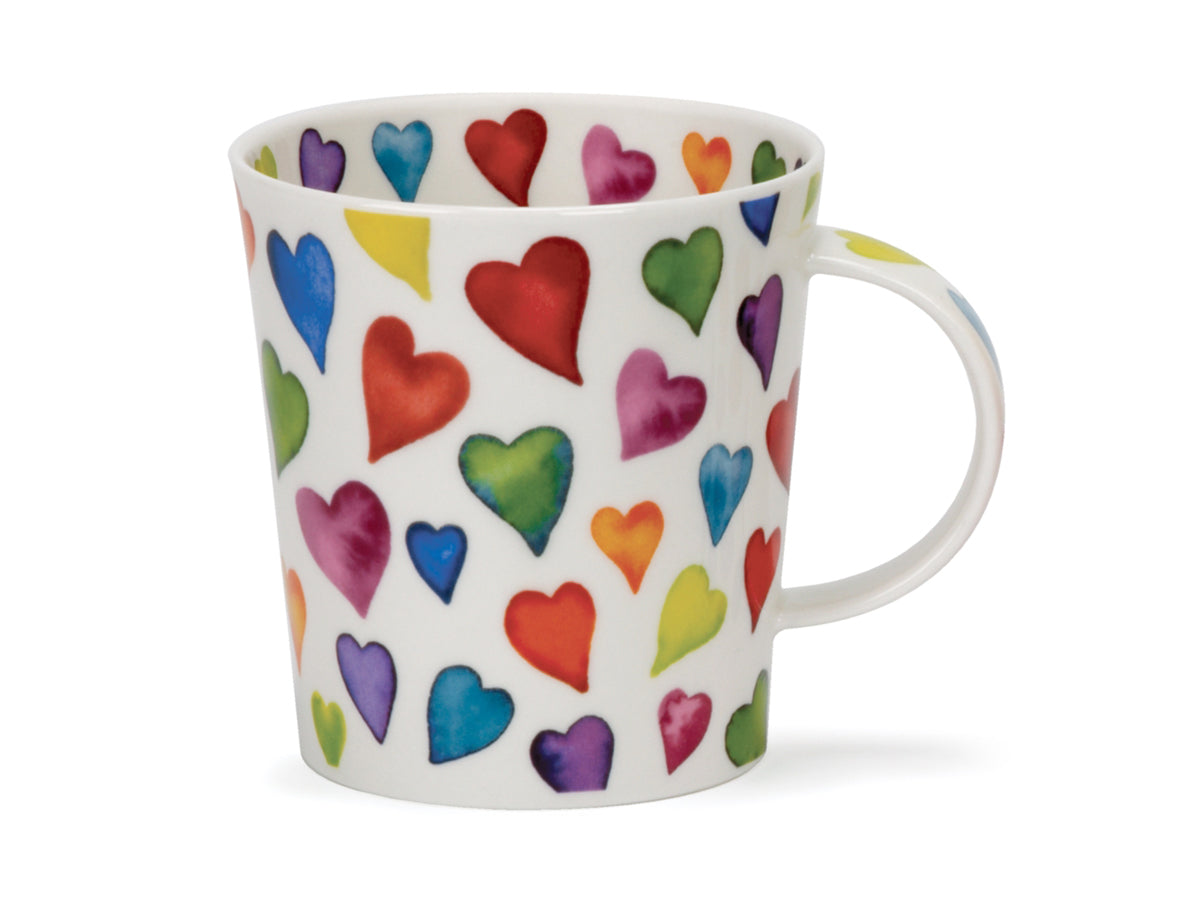 Dunoon Lomond Warm Hearts Mug is a fine bone china mug printed with multi-coloured hearts of all different sizes all over its exterior, as well as along its handle and around the inner rim of the mug.