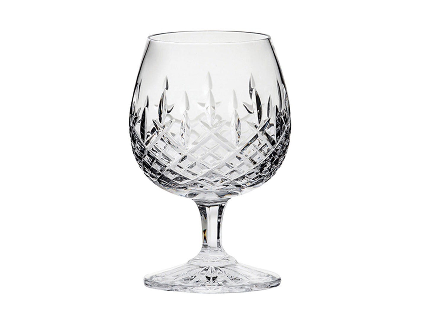 A single Royal Scot Crystal London Brandy Glass, which has a rounded bowl and short stem, decorated with a diamond bed and single points above it