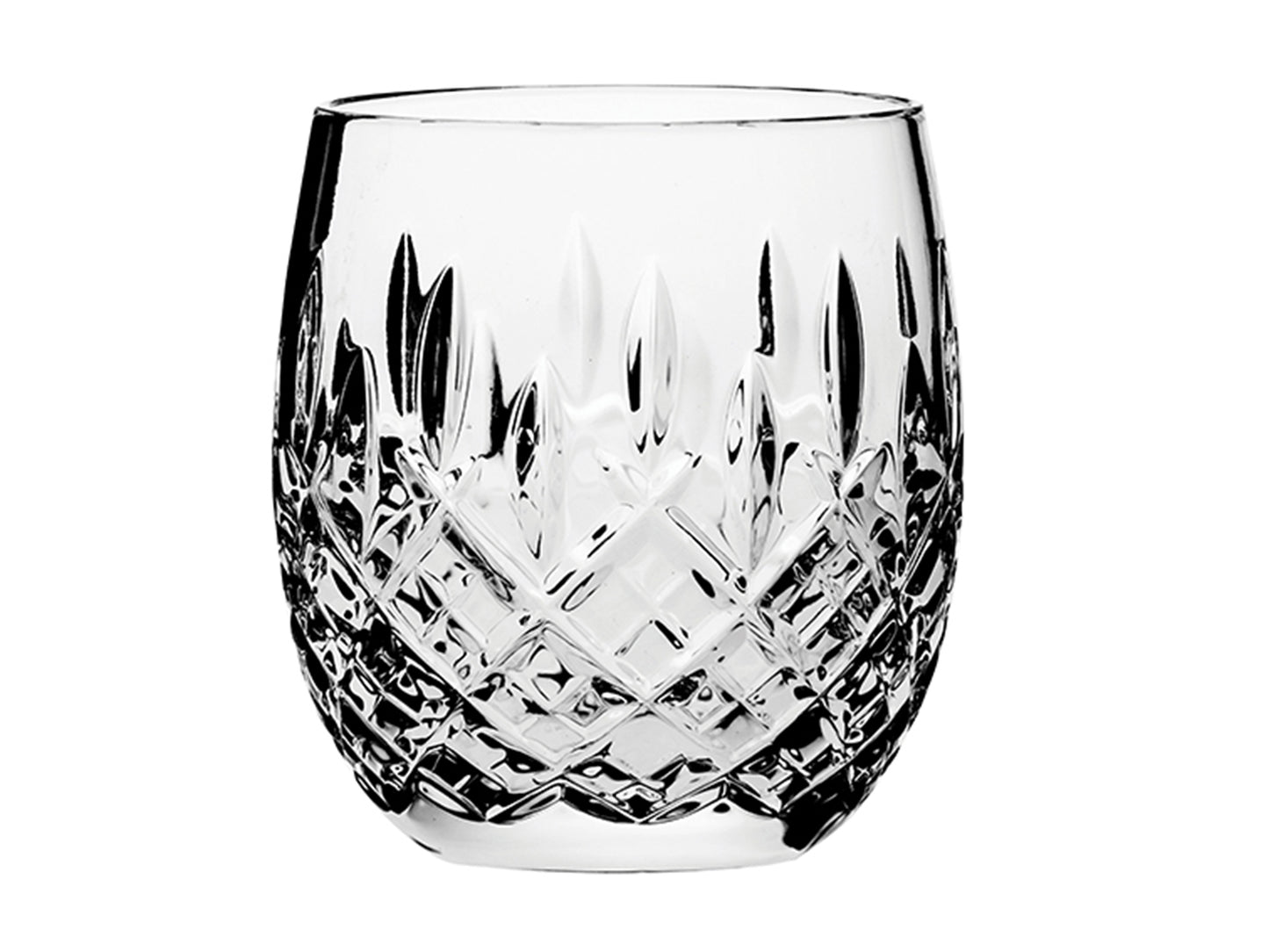 Single Royal Scot Crystal Barrel Tumbler, which is hand cut with a simple diamond cut, topped with clean dashes above