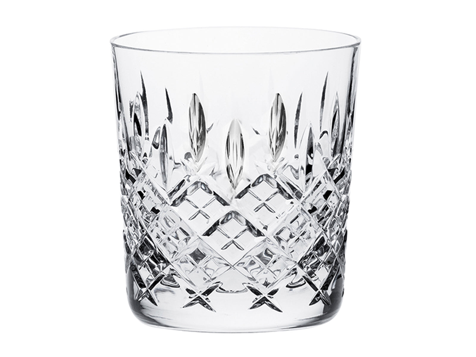A straight-edged crystal tumbler featuring a cut design made up of a bed of diamonds, topped with single darts pointing up towards the rim