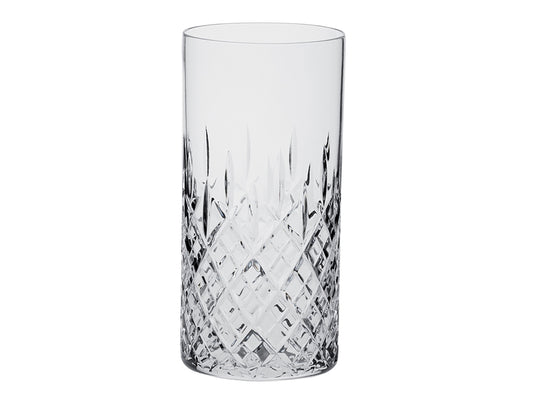 A single crystal highball tumbler with straight edges, featuring a cut design with a bed of diamonds at the base and single darts reaching up towards the clear rim