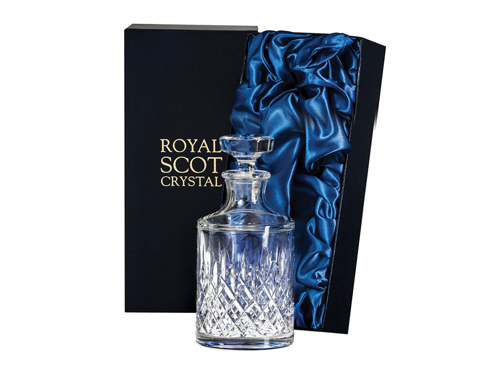 A cut crystal spirit decanter with a cylindrical body and a flat-headed stopper, cut with a diamond design topped with vertical dashes