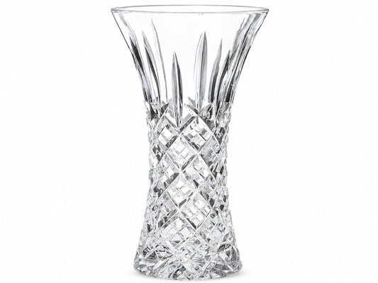 A large crystal vase with an hourglass shape that opens into a wide flare at the top. The cut pattern has a bed of diamonds around the base, topped with single flicks that reach up towards the smooth edge.