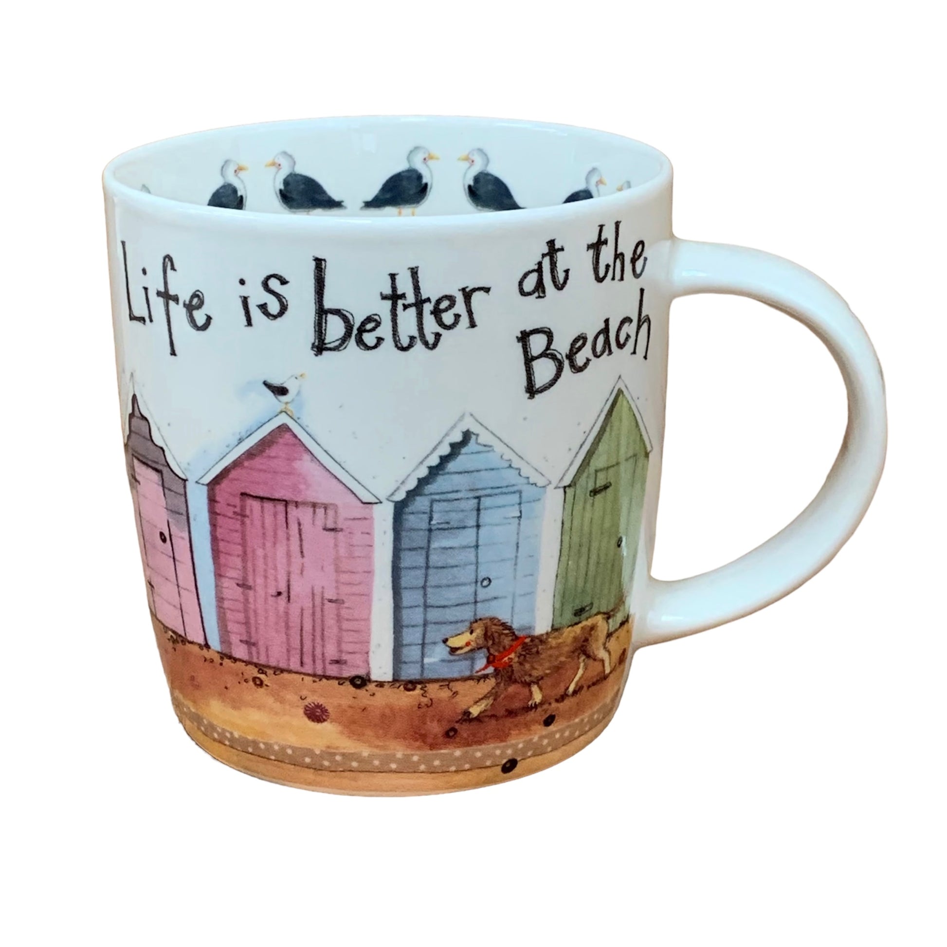 Alex Clark mug is illustrated with an adorable dog walking past brightly coloured beach huts.