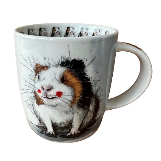 a mug illustrated with a lovely large guinea pig sitting happily, little guinea pigs are also illustrated on the inside rim and down the handle