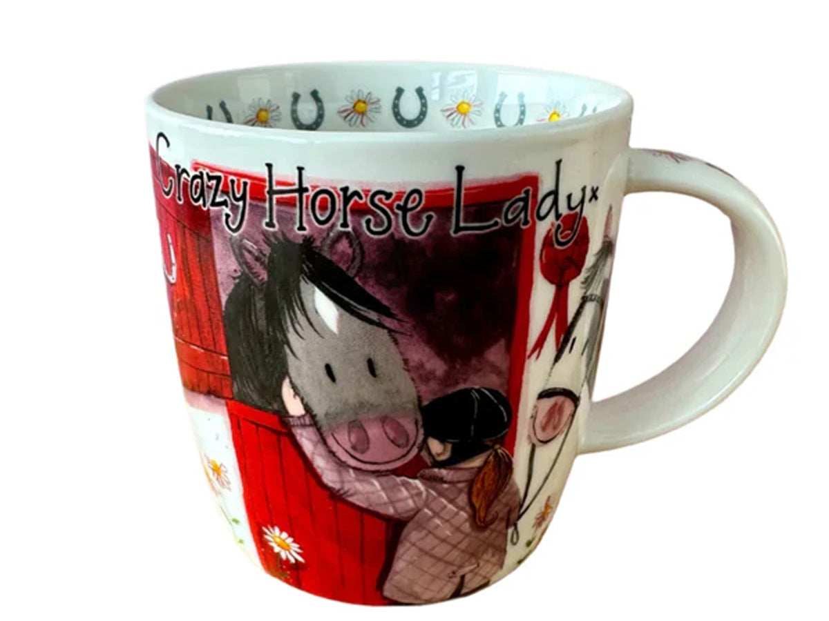 Alex Clark Crazy Horse Lady new bone china mug with a horse lover hugging a grey horse beside a red stable, with illustrated detail around the rim.