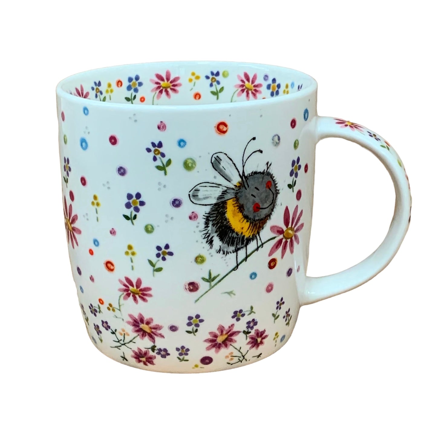 Alex Clark mug is illustrated with a beautiful happy bee in amongst a meadow of flowers.