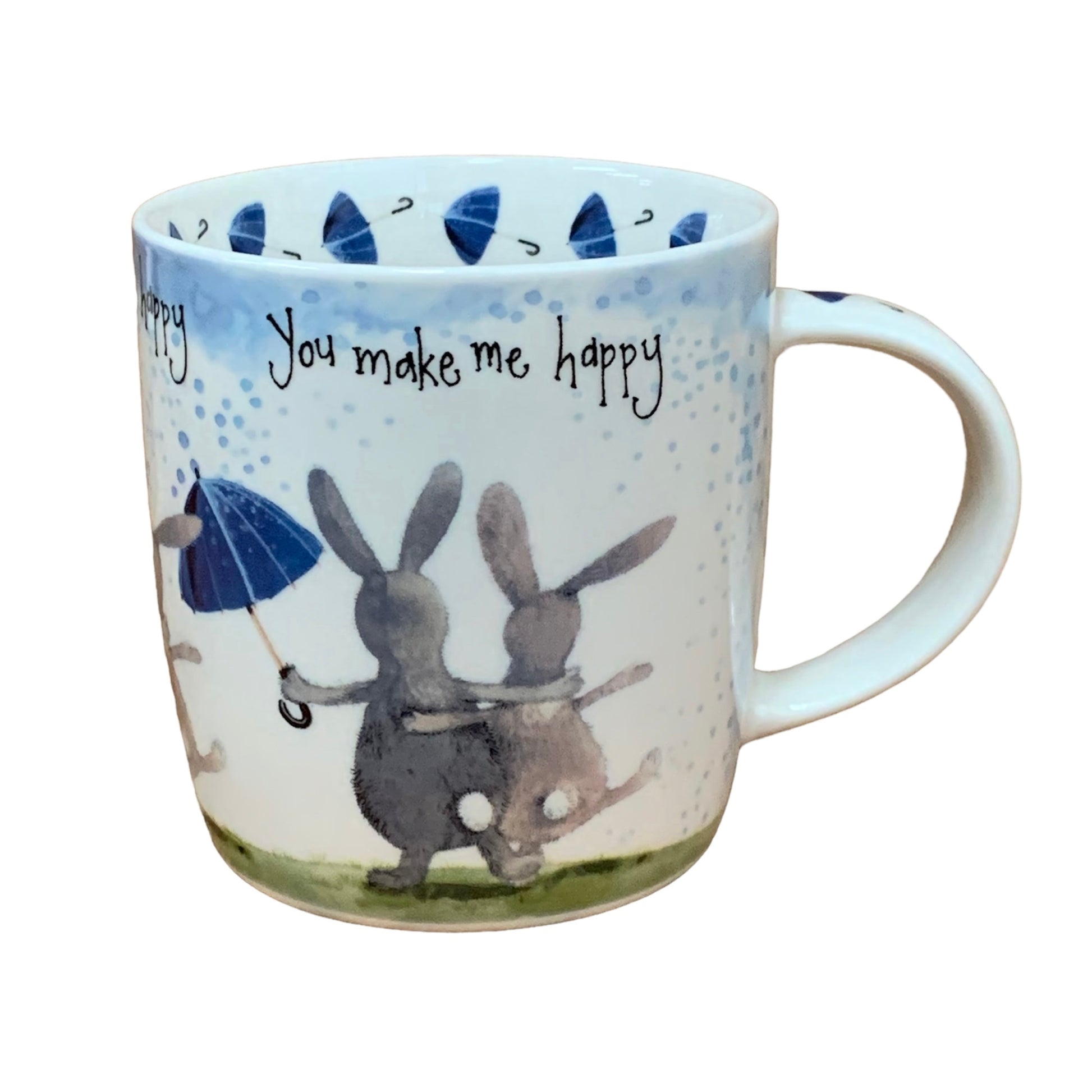 This Alex Clark mug is illustrated with two lovely really happy bunny rabbits & the words "you make me happy" along the top of the mug.  This mug also features a little umbrellas  illustration around the inside rim & illustrations down the handle.  