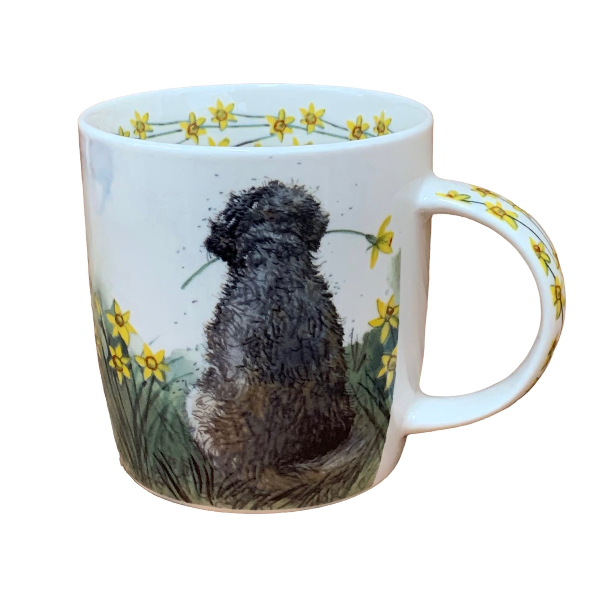 Alex Clark mug is illustrated with a lovely Doodle dog admiring the view & holding a daffodil in its mouth