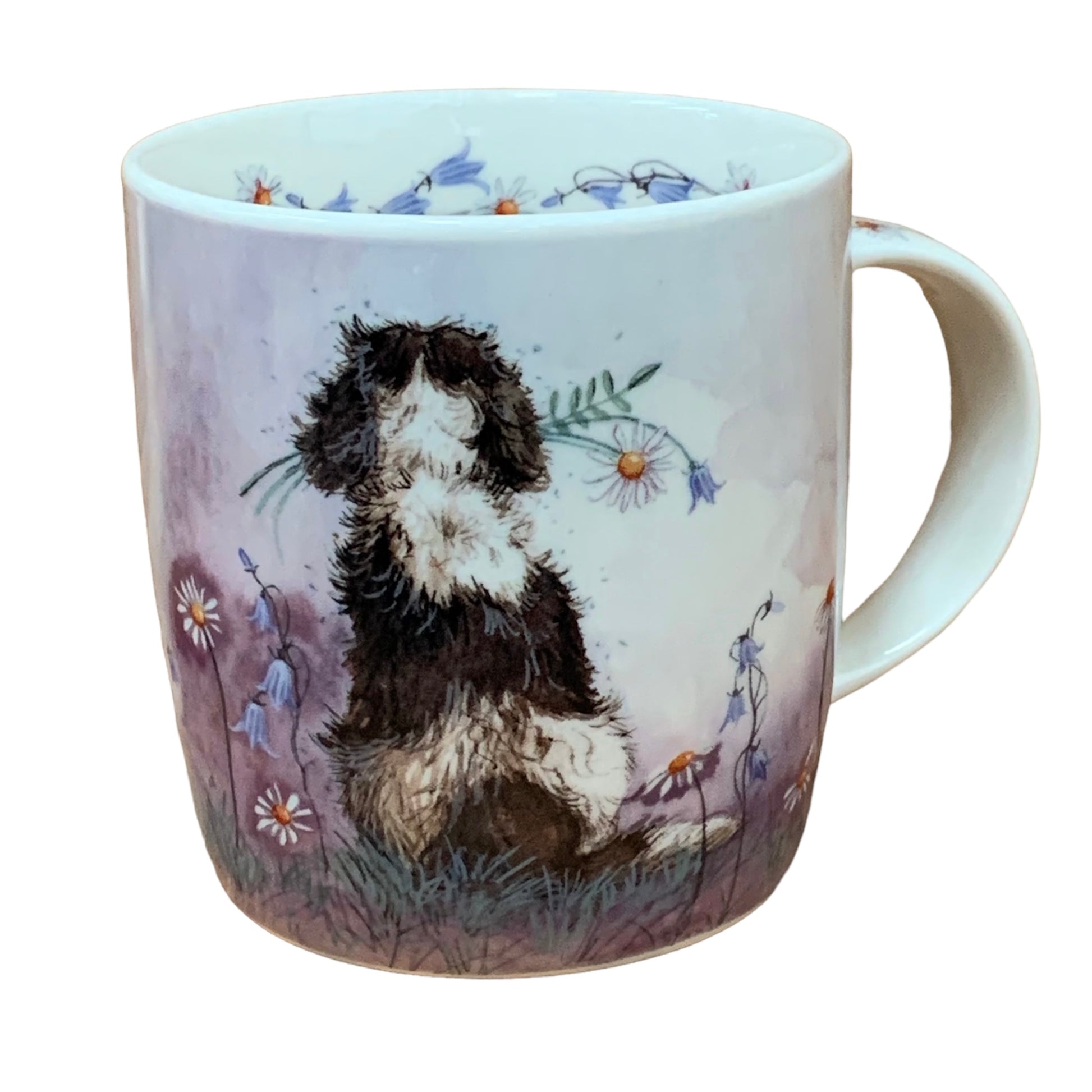 Alex Clark mug is illustrated with a lovely Spaniel dog admiring the view & holding a flower in its mouth