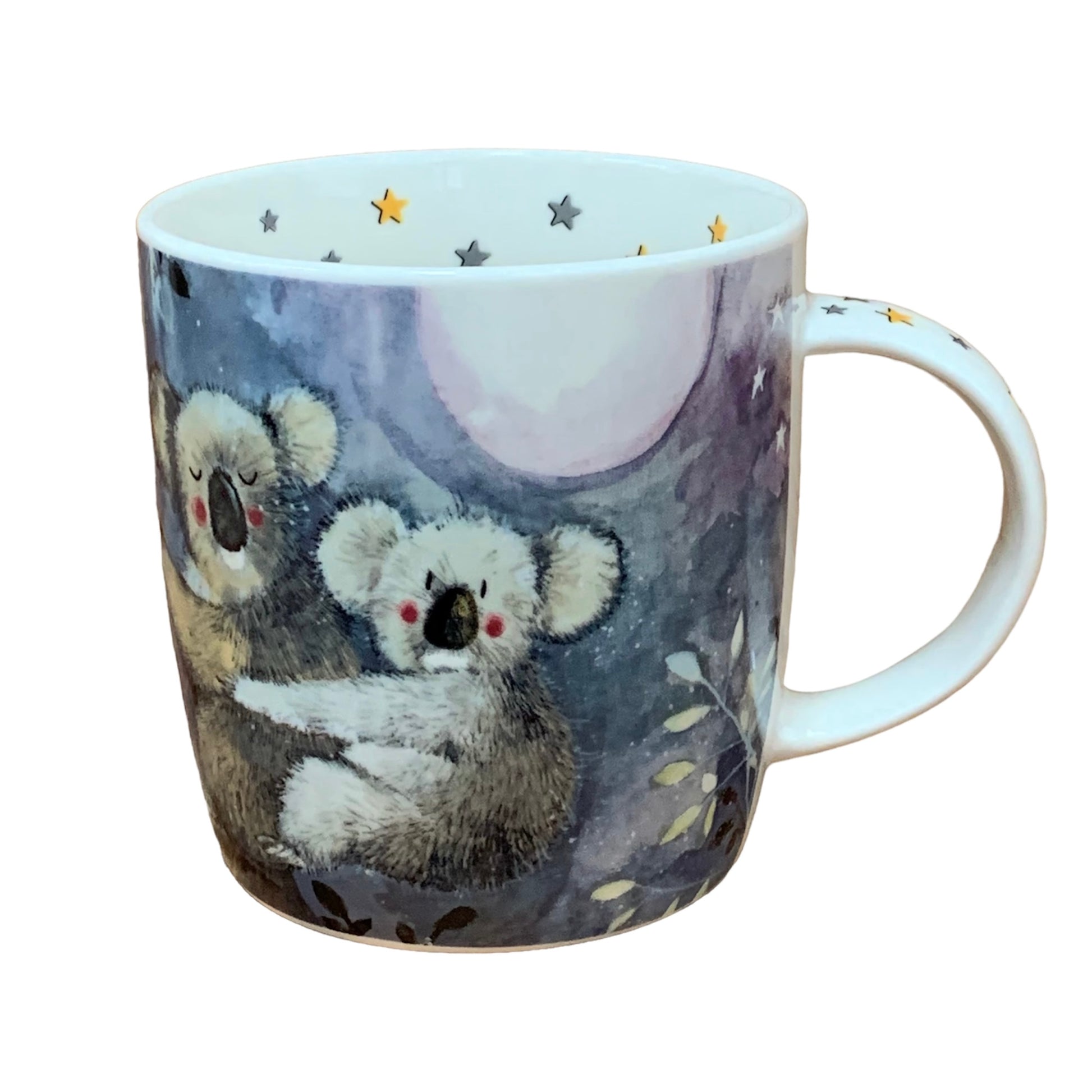 Alex Clark mug is illustrated with a mother & baby Koalas in their habitat.  This mug also features star illustrations around the inside rim & down the handle. 