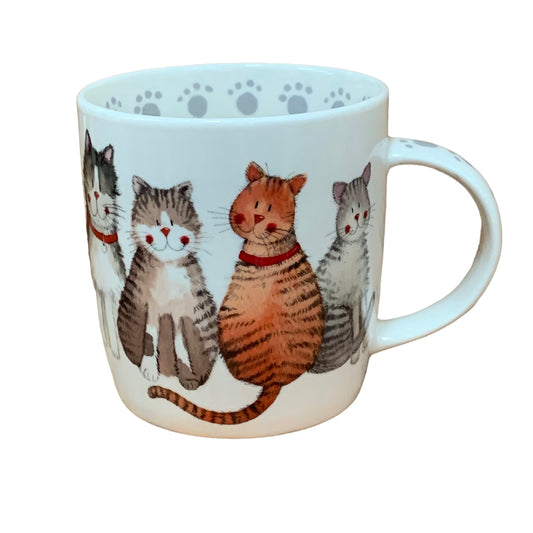 Alex Clark mug is illustrated with a beautiful array of different happy & content cats.  This mug also features cat paw illustrations around the inside rim & down the handle. 