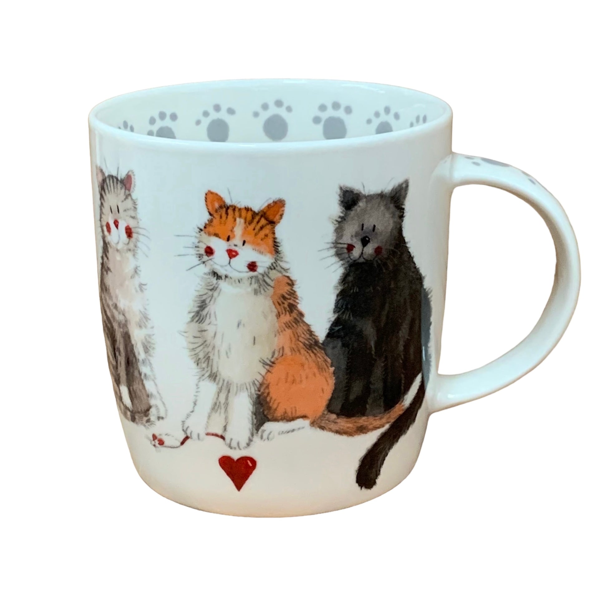 This Alex Clark mug is illustrated with an array of mischievous looking furry cats.  This mug also features cat paw illustrations around the inside rim & down the handle. 