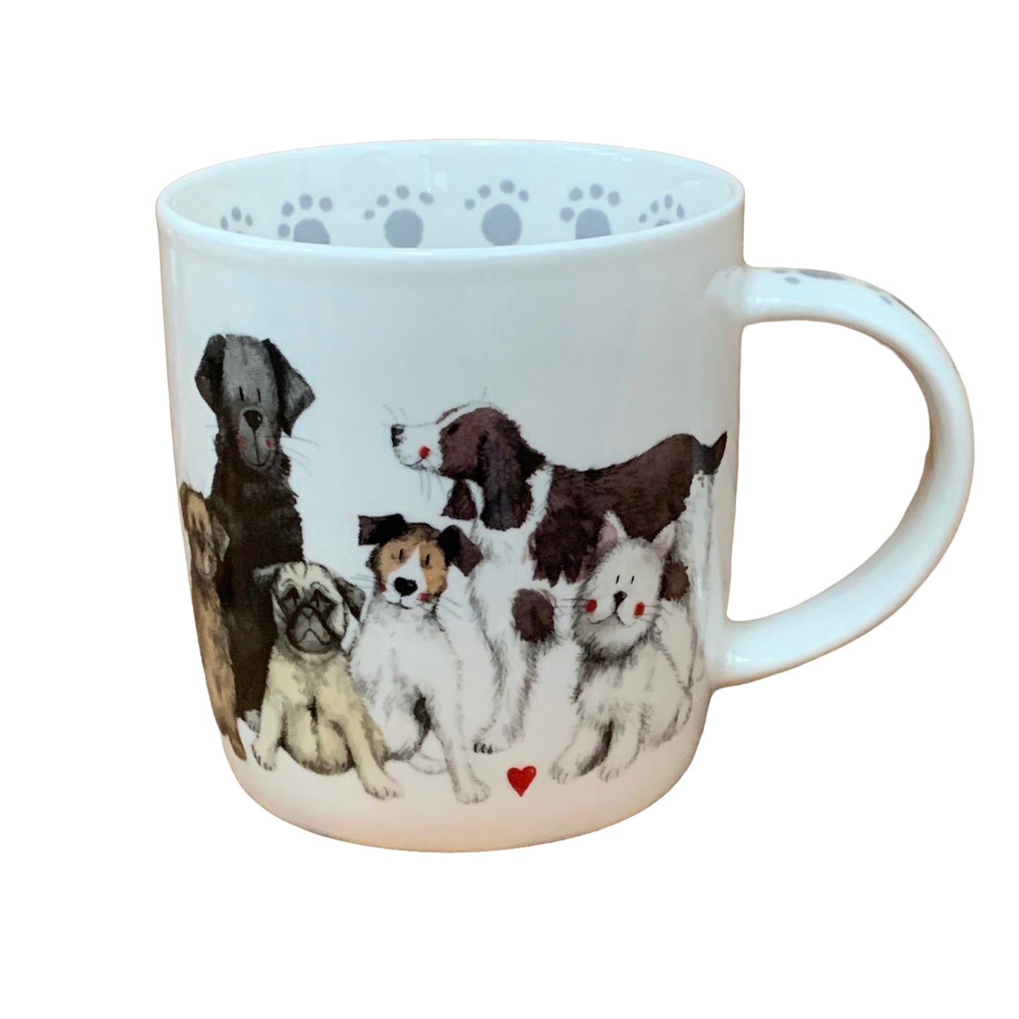 This Alex Clark mug is illustrated with a group of assorted breed of dogs. This mug also features dog paw illustrations around the inside rim & down the handle.   There is also a matching teapot & teabag tidy in the same illustration