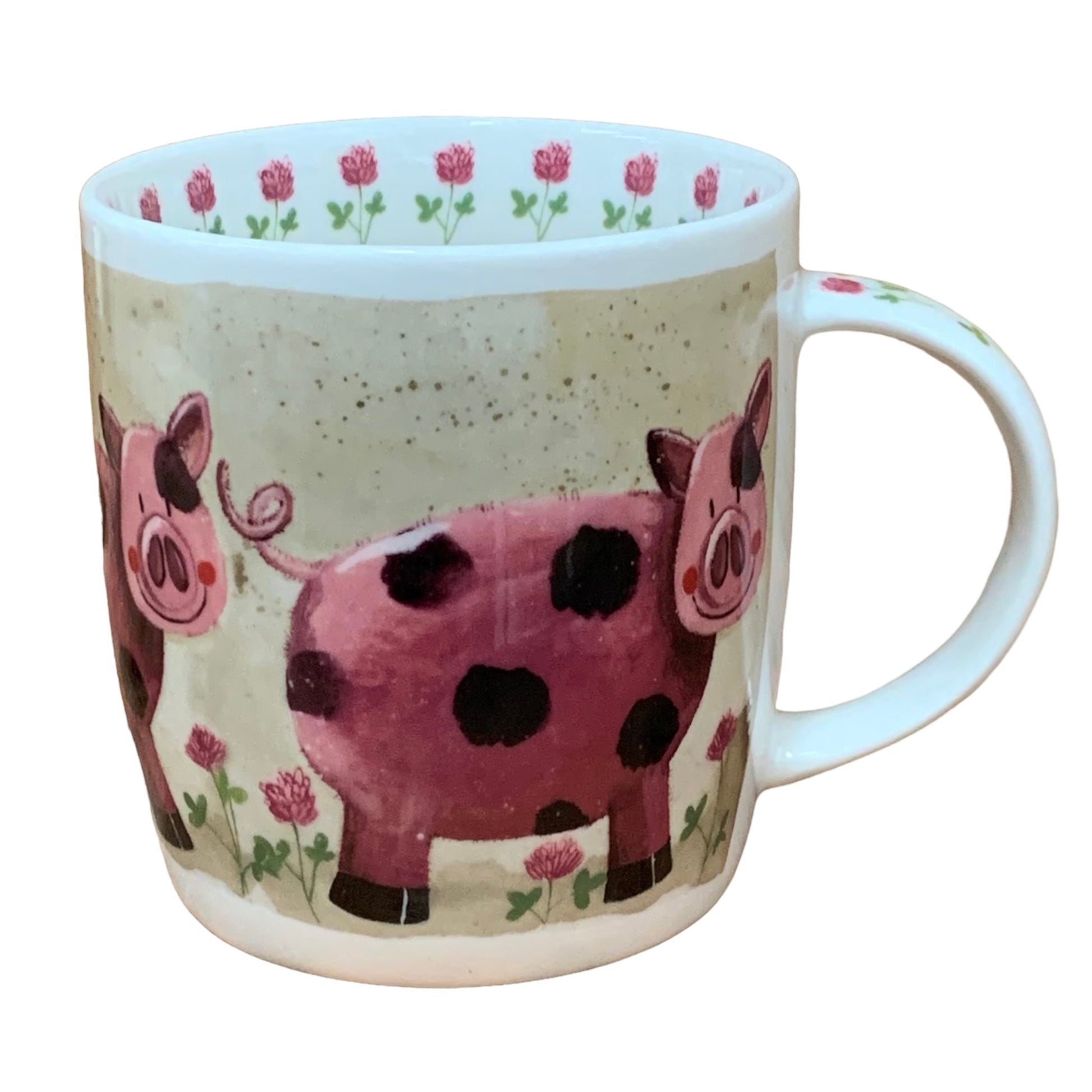 This Alex Clark mug is illustrated with a pig called Pearl who is standing in her meadow of flowers. This mug also features pink flower illustrations around the inside rim & down the handle.