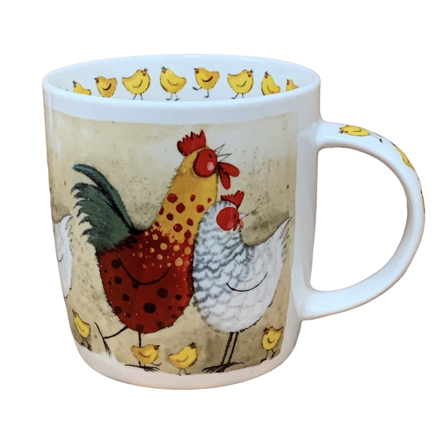Alex Clark mug is illustrated with a chicken called Rose & a cockerel called Rodney who are in their Pen with their little chicks. This mug also features little chick illustrations around the inside rim & down the handle. 