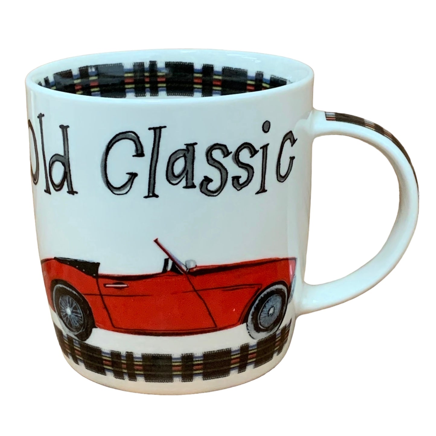 This Alex Clark mug is illustrated with a red classic car with the wording Old Classic written on the top of the mug.  This mug also features a tyre illustration around the inside rim & down the handle. 