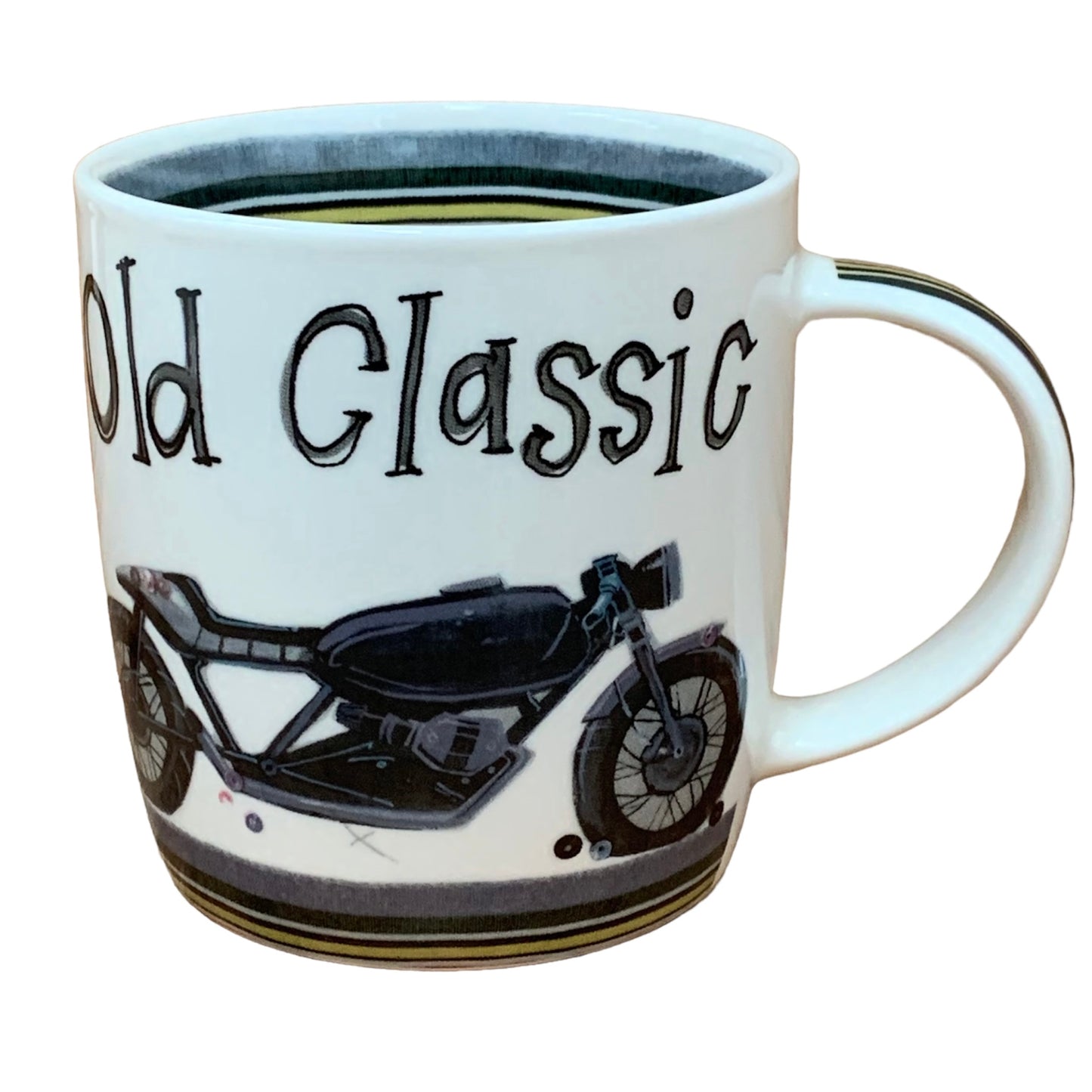 This Alex Clark mug is illustrated with an old classic bike and the words old classic written on the top of the mug.  This mug also features a bike track illustrations around the inside rim & down the handle.  