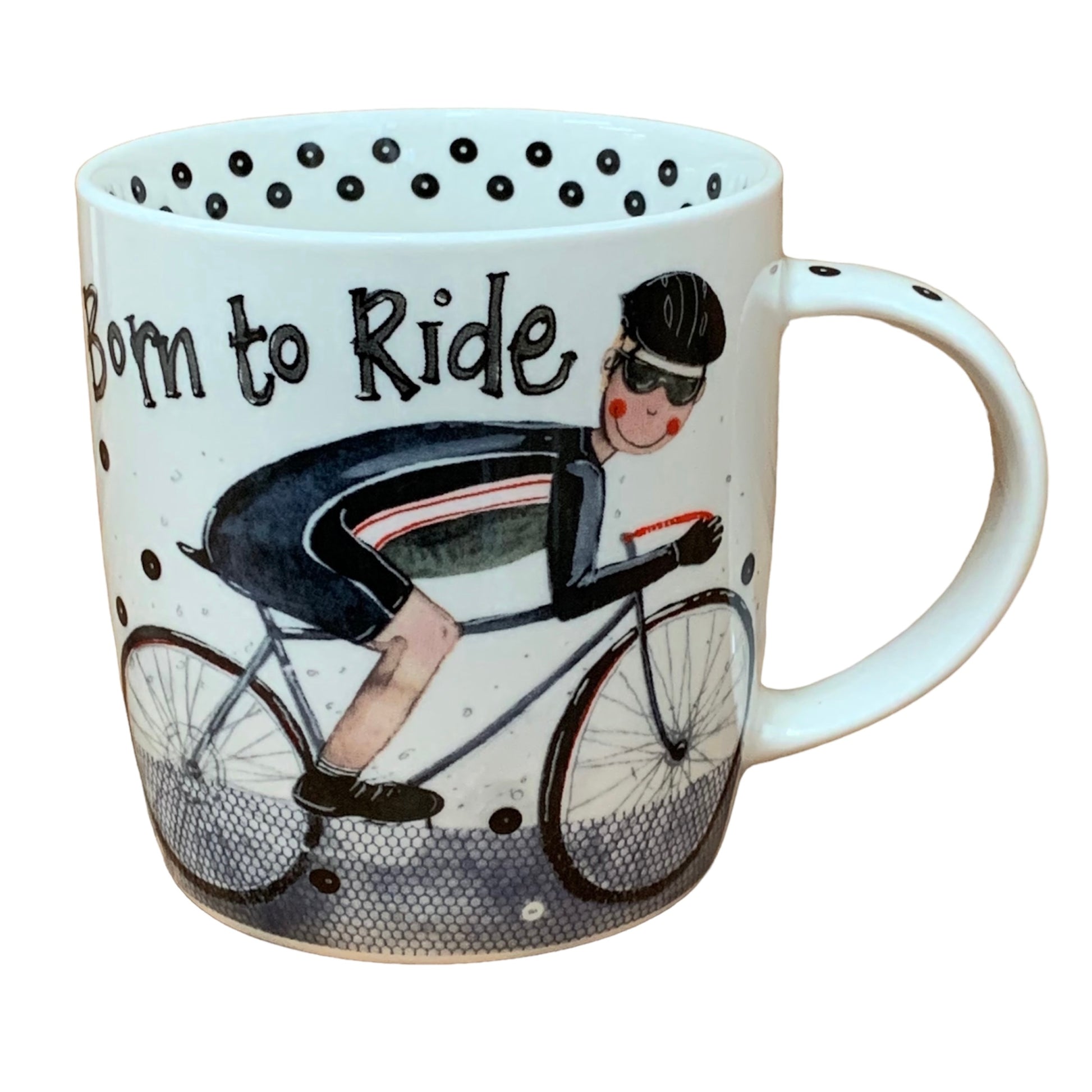 his Alex Clark mug is illustrated with a bike rider on a racer cycle bike and the words born to ride on the top of the mug.  This mug also features a black dot illustration around the inside rim & down the handle.  