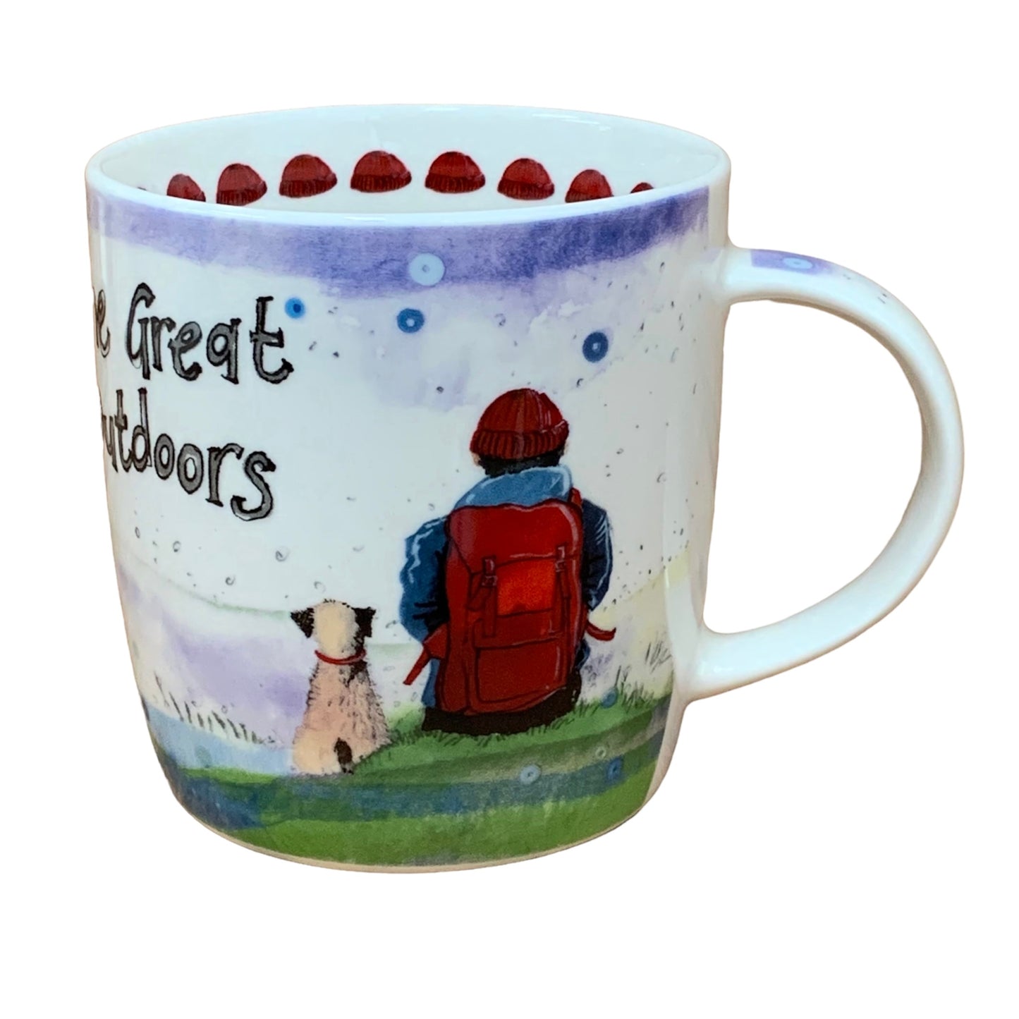 This Alex Clark mug is illustrated with a dog & its owner sitting & admiring the view and the words "The Great Outdoors" on the top of the mug.  This mug also features a red hats illustration around the inside rim & down the handle