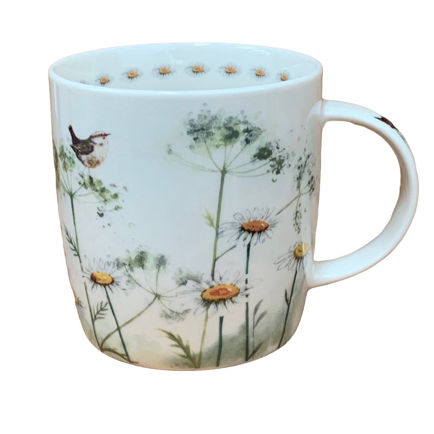 This Alex Clark mug is illustrated with a meadow of white cow parsley flowers & a little bird.   This mug also features a flower illustration around the inside rim & illustrations down the handle.  